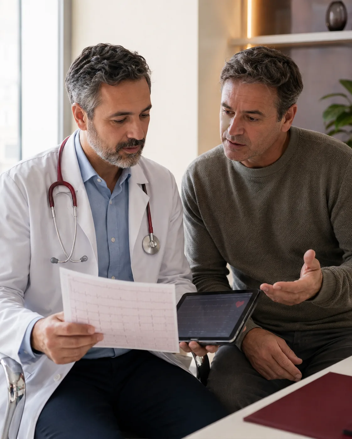 Cardiologista e paciente revisando resultados e risco cardiovascular